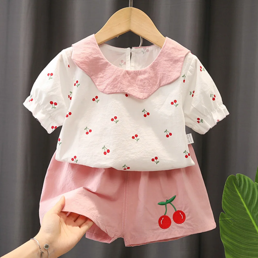 

Girls Summer Clothes Cute Embrodiery Tops + Short Pants Two Pieces Fashion Kids Outfits