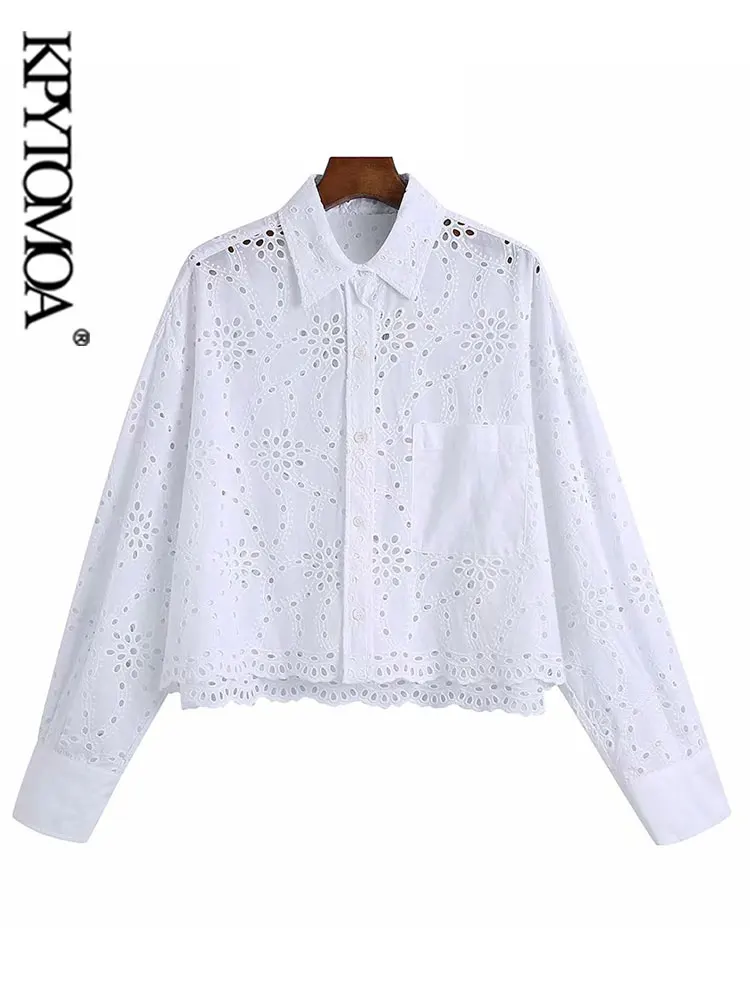 KPYTOMOA Женская мода с вышивкой свободные белые блузки винтажные длинным рукавом на