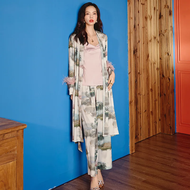 New Pajamas Women Long Sleeve Feather Ladies Ice Silk Satin Three Piece Homewear pijamas women