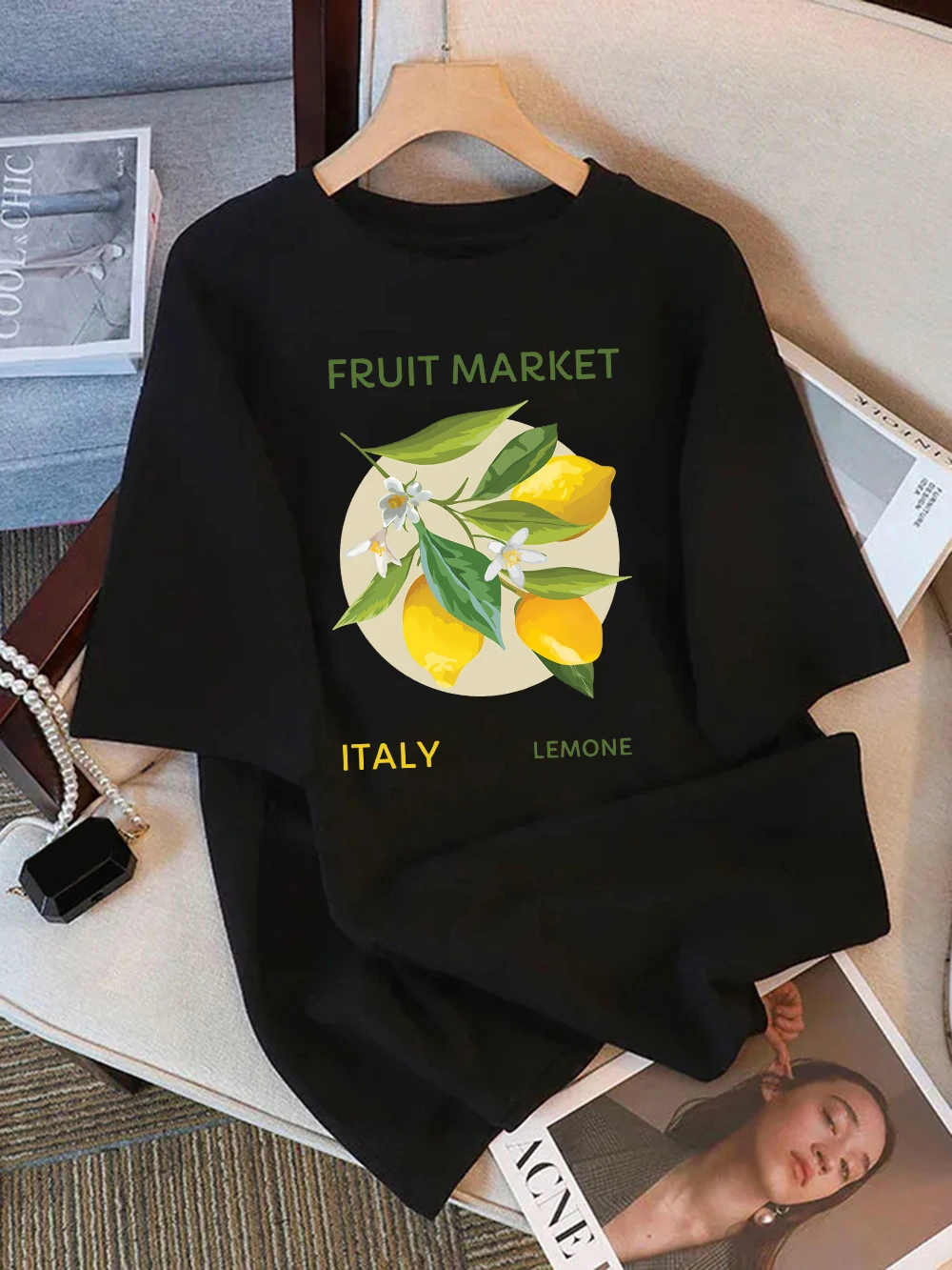 Фото 100% Cotton Womens T-Shirts Summer Fruit Italy Lemone Printing T Shirt Comfortable Soft O-Neck Tops All-Match Womans Clothes №3