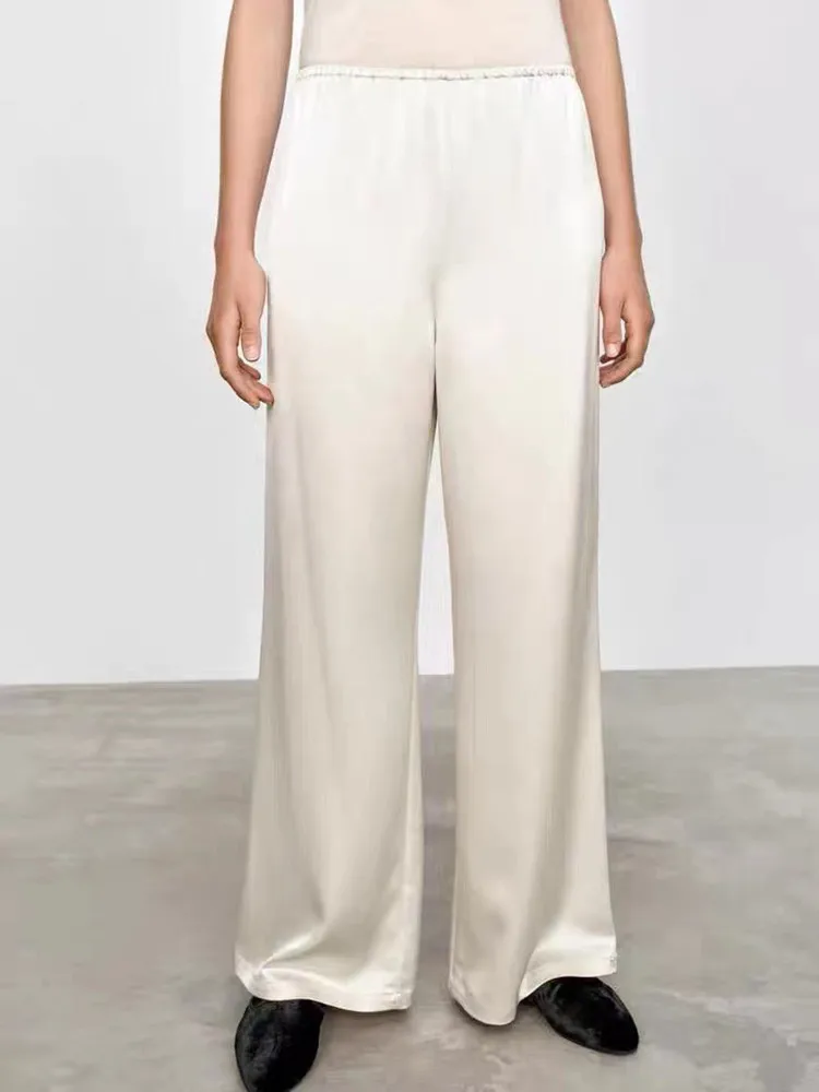 

Women Trousers Elastic Waist Solid Color Straight Loose Wide Leg Pants