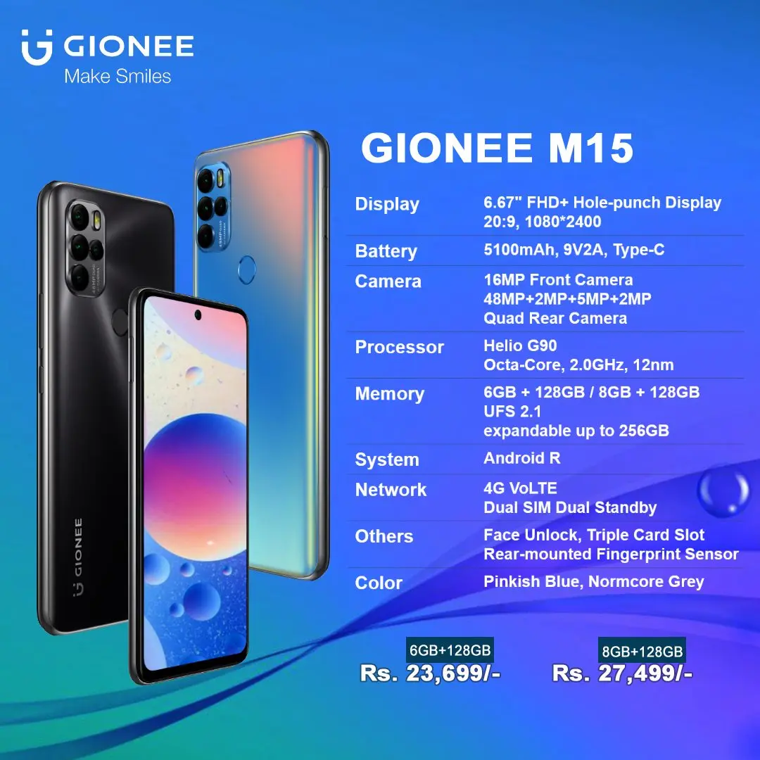 Gionee M15 Smartphone 8GB RAM 128GB ROM 6.67 FHD+ Android 11 Helio G90 Octa Core 16+48MP QuadCamera 5100mAh Dual 4G Mobile Phone