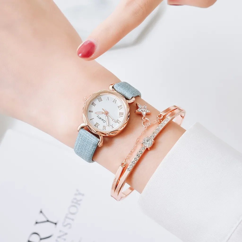 Brand 2pcs Set Casual Watch For Women Rhinestone Bracelet Watch Leather Ladies Wrist Clock Simple Dress Gfit Montre Femme