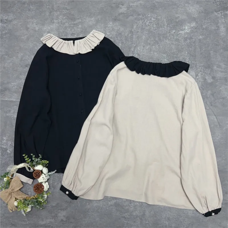 Женские рубашки с оборками Johnature хлопковые в стиле пэчворк воротником-стойкой