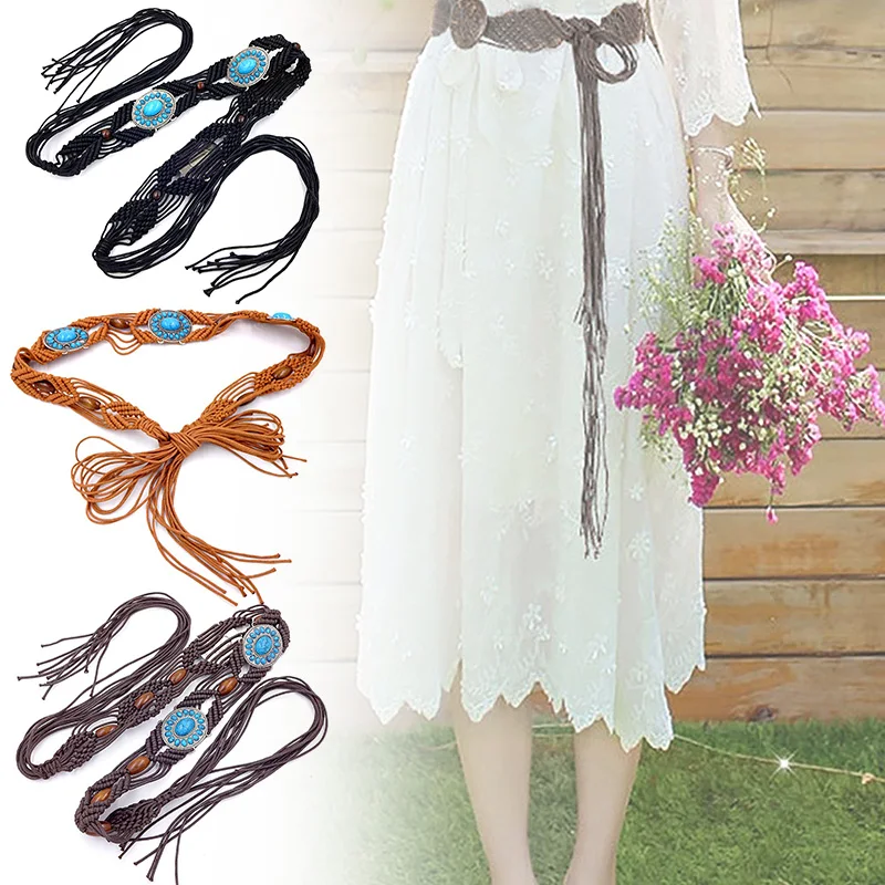 

Knitted Wooden Bead Tassels Belt for Women Bohemian Ethnic Braided Waistband Colourful Beach Dress Cover-up Accessory Vacation