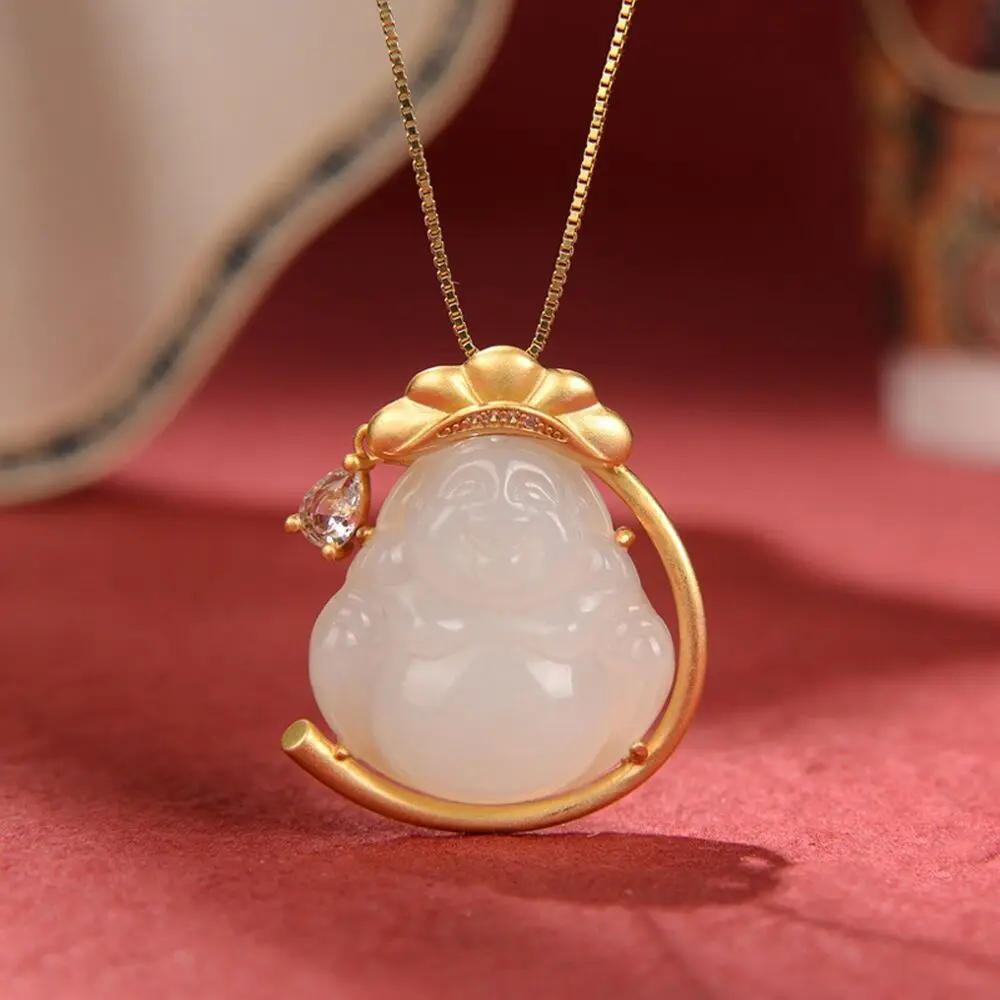 

Pure S925 Sterling Silver Natural Nephrite Jade Men Women Lucky Buddha Pendant
