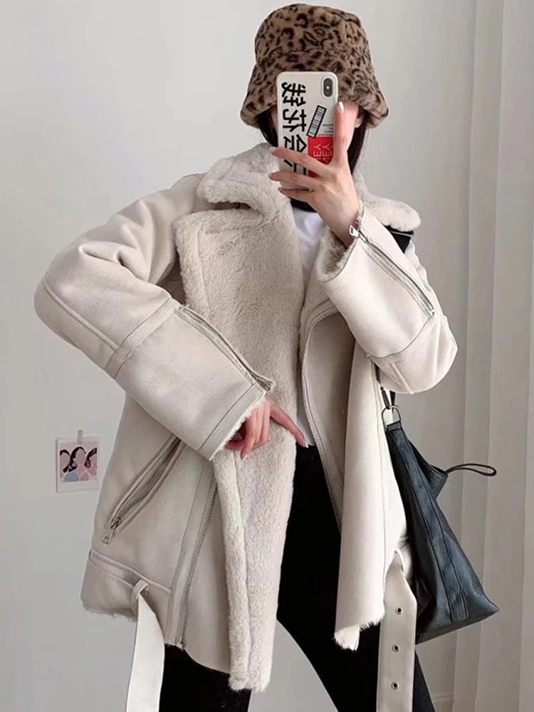 FTLZZ Winter Women Jacket Faux Leather Fur Splicing Leather Coat Stand Collar Thickness Overcoat Female Loose Snow Warm Outwear