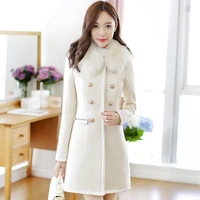 hot sale autumn winter womens fur collar double breasted coats outwear high quality womens white black slim wool coat jacket