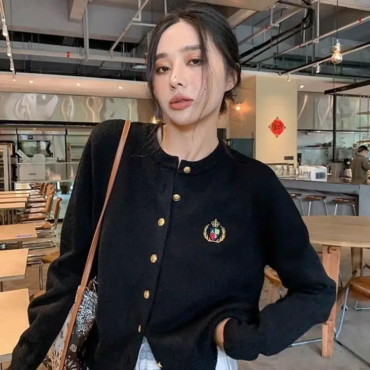 

Embroidery Black Graceful Sweater Cardigan Outerwear Women Autumn and Winter Early Spring High Sense Knit Chic Short Top