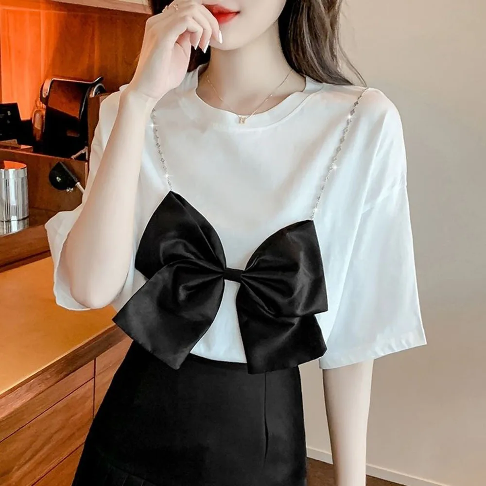 

Bowknot Chain Short Sleeve T-shirt Women's Loose Unique Design Sense 2023 Summer Fashion Top Women Ins Elegant Ladies Black Tees