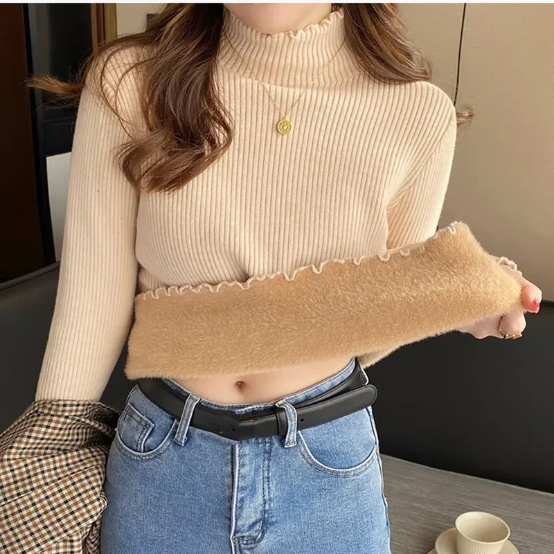

HELIAR Women Ruffles Mock Neck Sweater Thicken Autumn Fleece Warm Thermal Pullover Cashmere Sweater For Women 2023 Winter