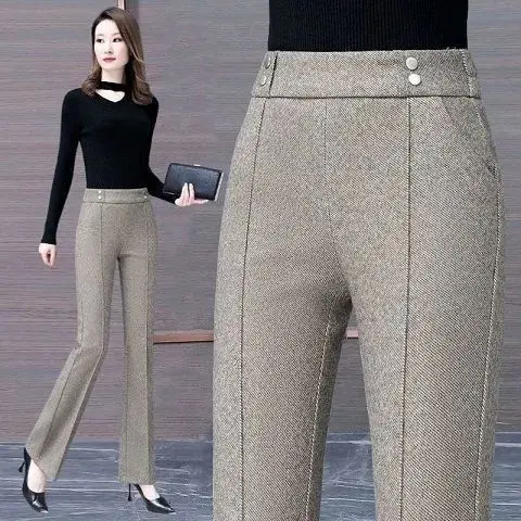 

Новые модные корейские шерстяные свободные брюки для папы женские осенне-зимние повседневные брюки с высокой талией и девятью точками редиса S16 2023