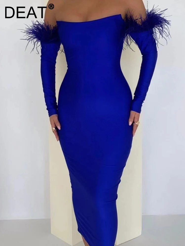 

[DEAT] Patchwork Feather Long Sleeve Fashion Strapless Sexy Women Dress Party Bandage Hip Wrap Dresses New 2023 Spring 13DB753