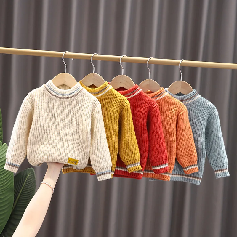 

Boy Girl Children Autumn Winter Solid Knit Loose Sweater Baby Plus Fleece Long Sleeve Pullover Bottoming Shirt Kid Casual Tops