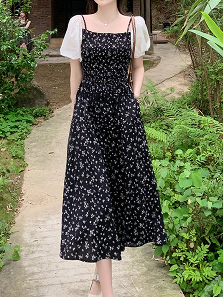 

Elegant Square Neck Bubble Sleeve Patchwork Printed Dress 2023 Summer New Fashionable Women'S Clothing