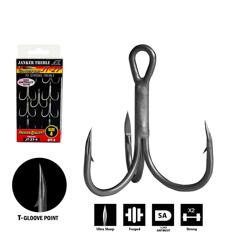 

JH JT-27 Triple Fishing Gray 2X Treble Hooks 1box Fish Tees T-Gloove Point Round Bend Super Antirust Hook Sea Fishhooks Tackle
