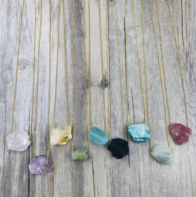 

Irregular Natural Crystal Mineral Raw Stone Pendant Necklace Women Healing Reiki Chakra Energy Pink Crystal Amethyst Choker Gift