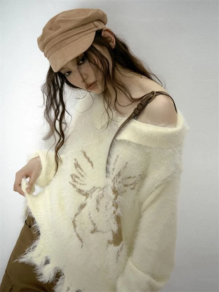 

Y2k Aesthetic Off Shoulder Knitted Sweater Women Harajuku Jacquard Vintage Jumper Pull Femme Ripped Fuflly Sueter Mujer
