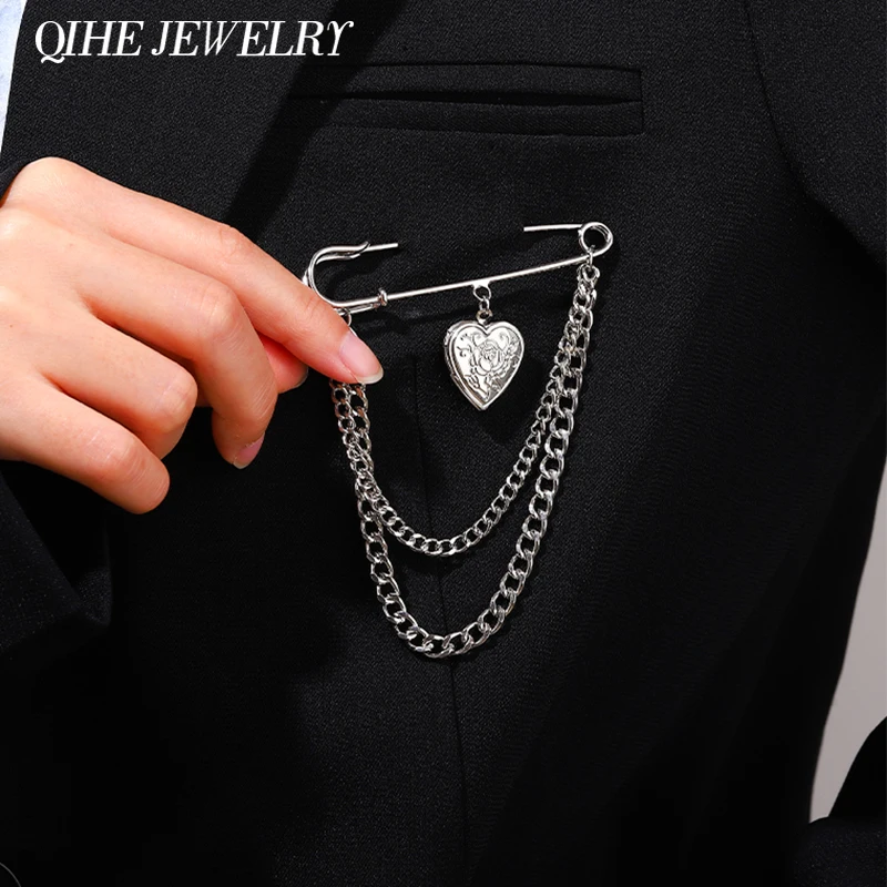 Фото Модная брошь-цепочка в форме сердца заколка-зажим серебряный цвет подвеска виде