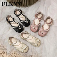 childrens sandals black shoes 2022 princess sandals flat kids bowknot pearl single baby shoes buckles flats for girls beading