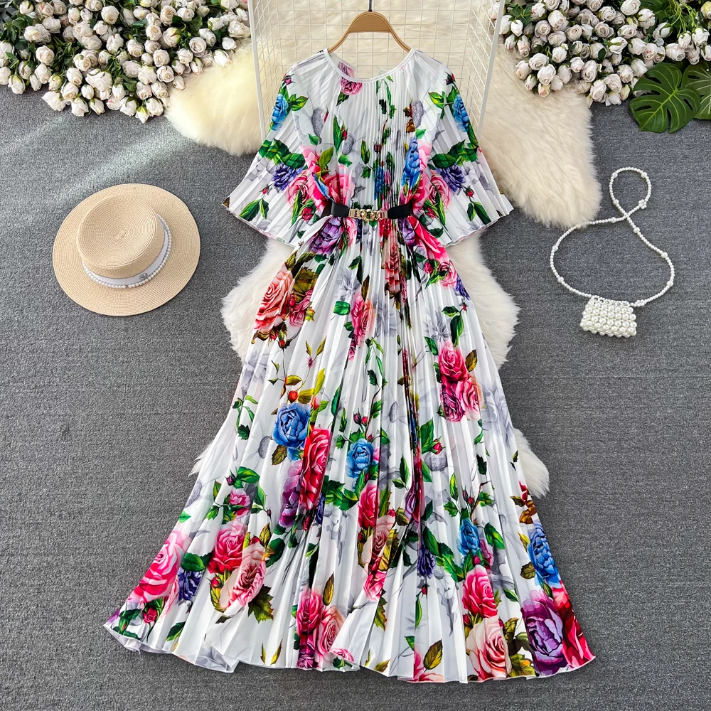 

Clothland Women Sexy Floral Pleated Dress Loose Style Belt Three Quarter Sleeve White Black One Piece Midi Dresses QC830