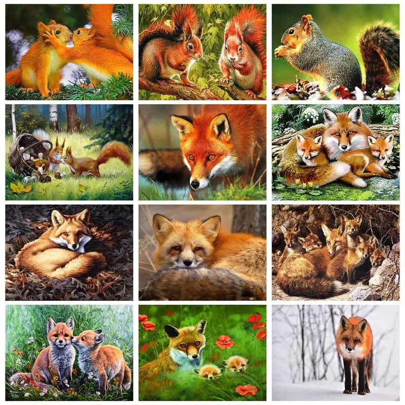 

CHENISTORY 5D Square Round Diamond Painting Frame Fox Squirrel Cross Stitch Adults Crafts Diamond Mosaic Wall Art Animals Decor