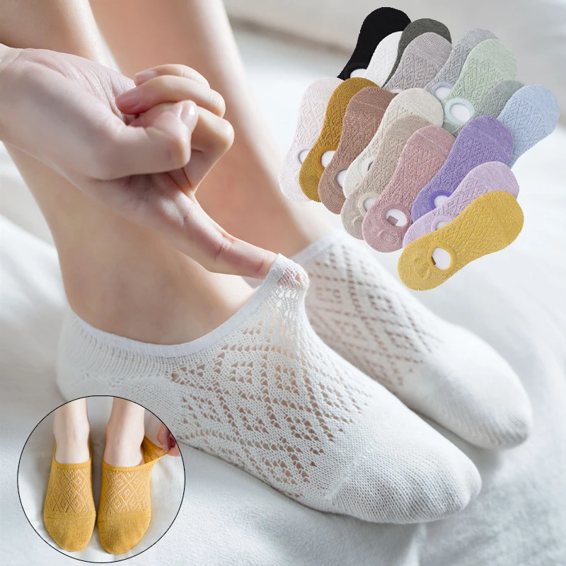 

5 Pairs/Set Women Silicone Non-slip Invisible Socks Summer Solid Color Mesh Ankle Boat Socks Female Cotton Slipper No Show Socks
