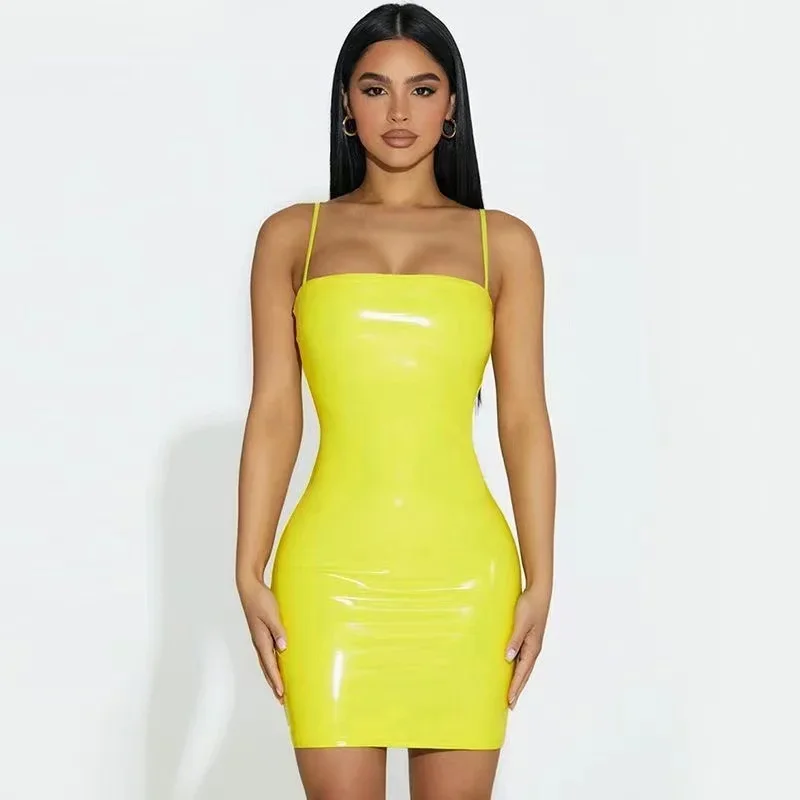 

Stretch Bodycon Patent Leather Dress Women Spaghetti Strap Mini Dress Custom Lady Sexy PU Faux Latex Dress Party Summer Clubwear