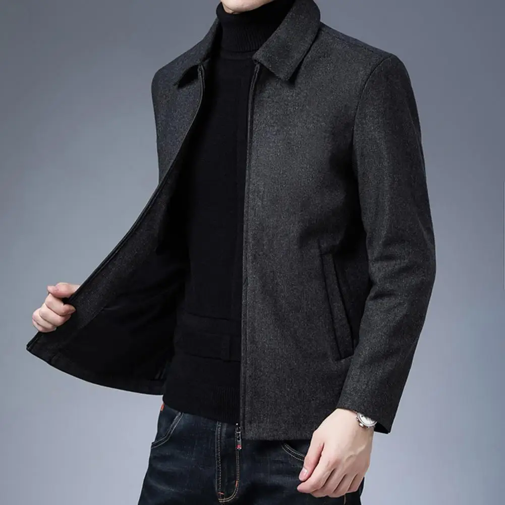 

Men Fall Winter Coat Jacket Lapel Zipper Closure Cardigan Long Sleeves Thick Thermal Pockets Straight Mid-aged Men Father Jacket