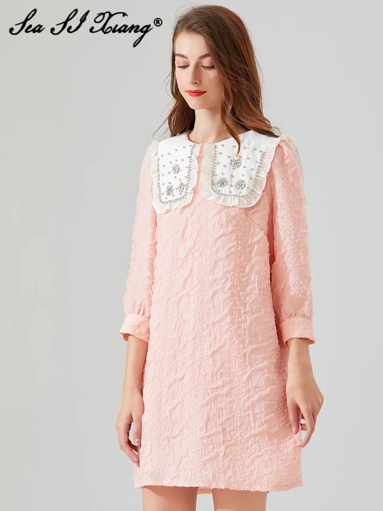 

Seasixiang Fashion Designer Summer Jacquard Dress Women Peter pan Collar Lantern Sleeve Beading Loose Pink Mini Dresses