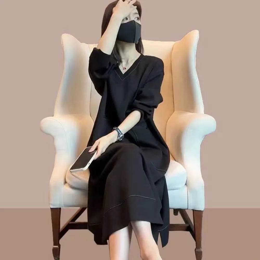 

Женское однотонное платье в стиле пэчворк, свободное облегающее платье большого размера 4XL средней длины с V-образным вырезом и длинными рукавами, лето-осень 2023