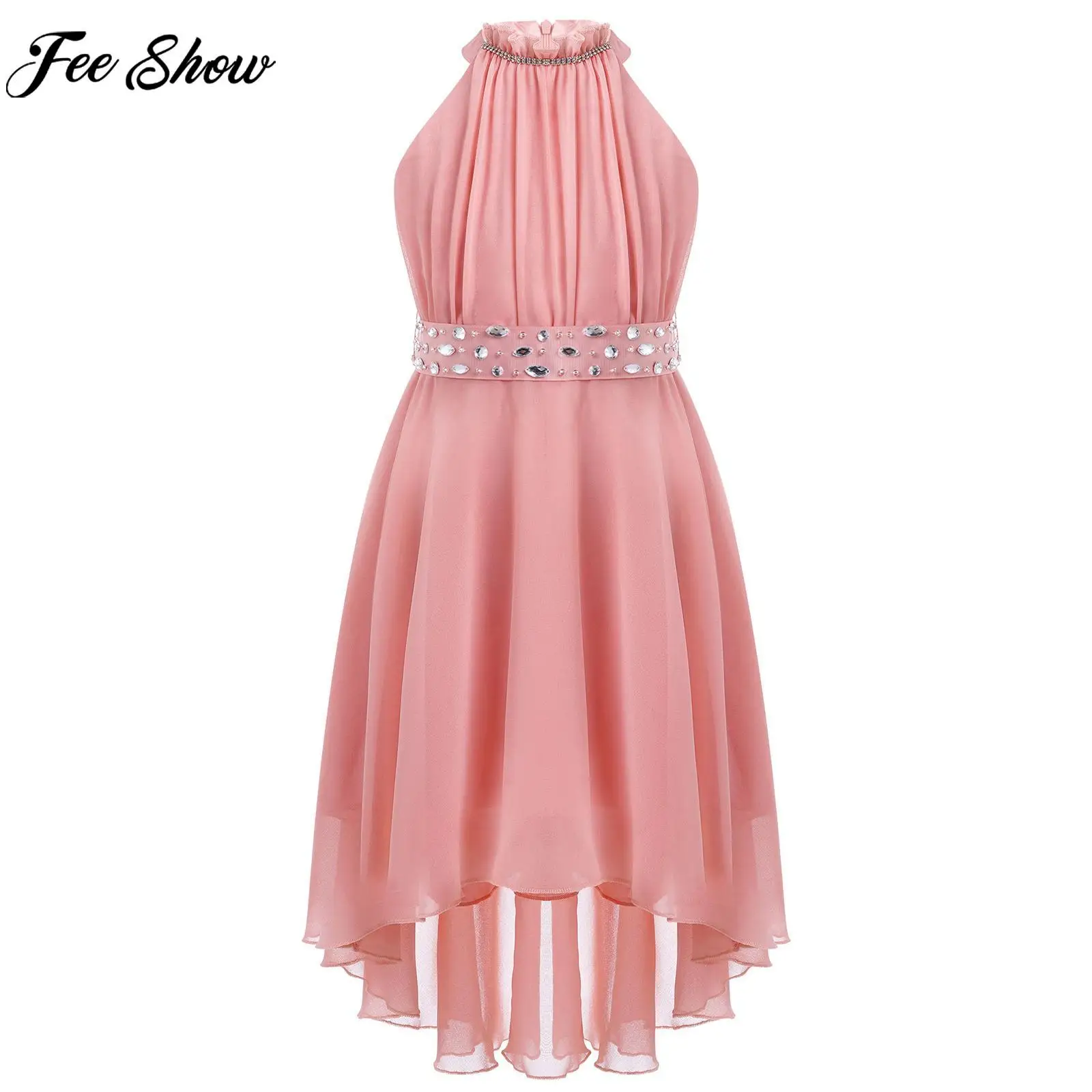 

Little Girls Sleeveless Chiffon Party Dress Shiny Beaded Halter Princess Wedding Dresses with Detachable Sash for Birthday Prom