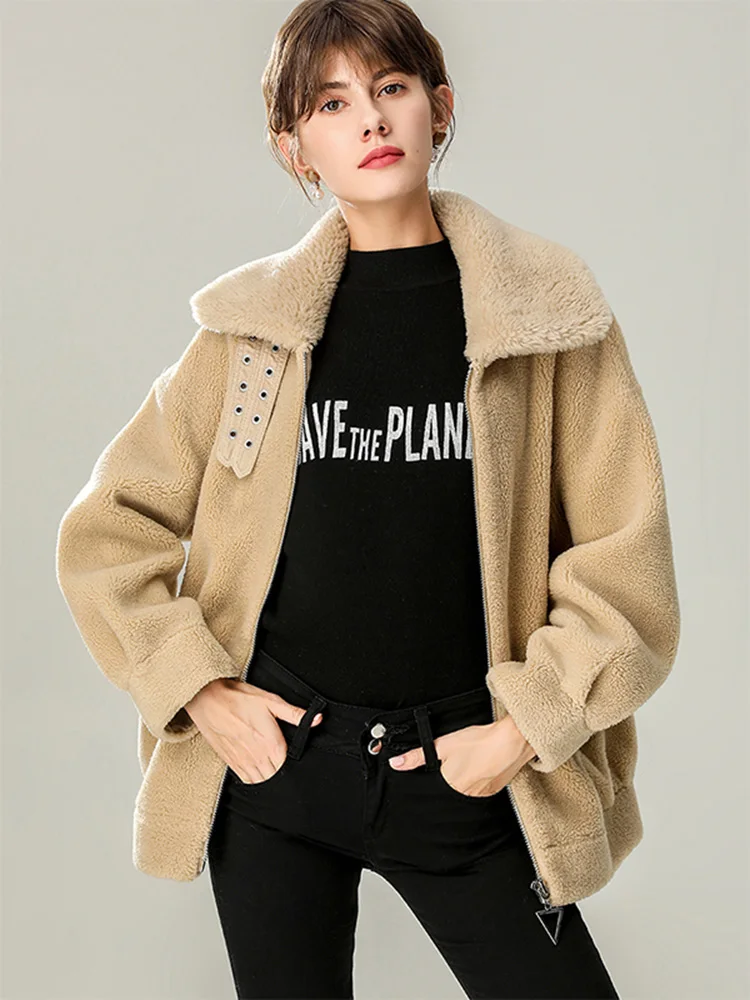 New Women Grained Australian Lamb Wool Coat Autumn Winter Casual Fashion Double-faced Fur Loose Sheep Shearling Jacket Female