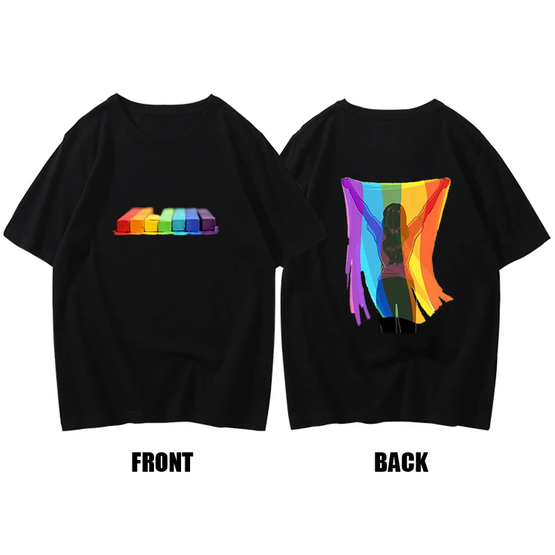 

LGBT Theme Cotton T-shirt Rainbow Color Style Double-sided Printing Tee Roupas Masculinas Tops Mens Shirts Short-sleev Loose