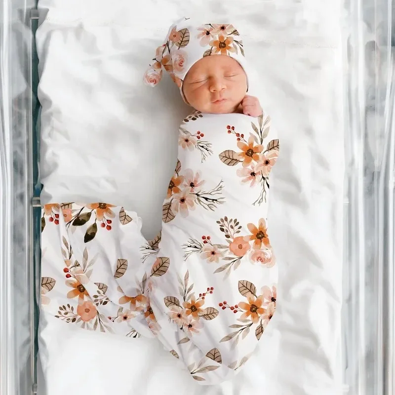

Baby Born Bedding Blankets Flower Print Baby Blanket New Born Muslin Swaddle Girl Hat Headband Infant Receiving Blanket