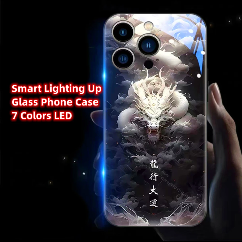 Фото Чехол для телефона из закаленного стекла Great Fortune Dragon Smart LED Light Glow для Samsung S25 S24 S23 S22 S21 S20 FE Note 10 20 Plus Ultra №1