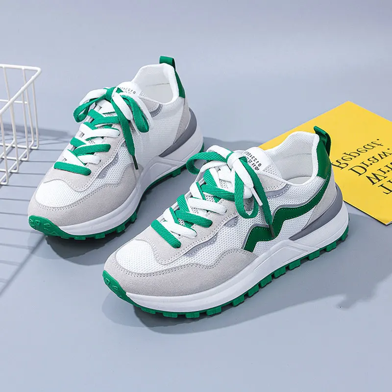 

Women Mesh Patchwork Lace Up Shoes Ladies 4 CM Increasing Height Trainers Sneakers 2022 Spring Female Thick Soled Dad Shoe