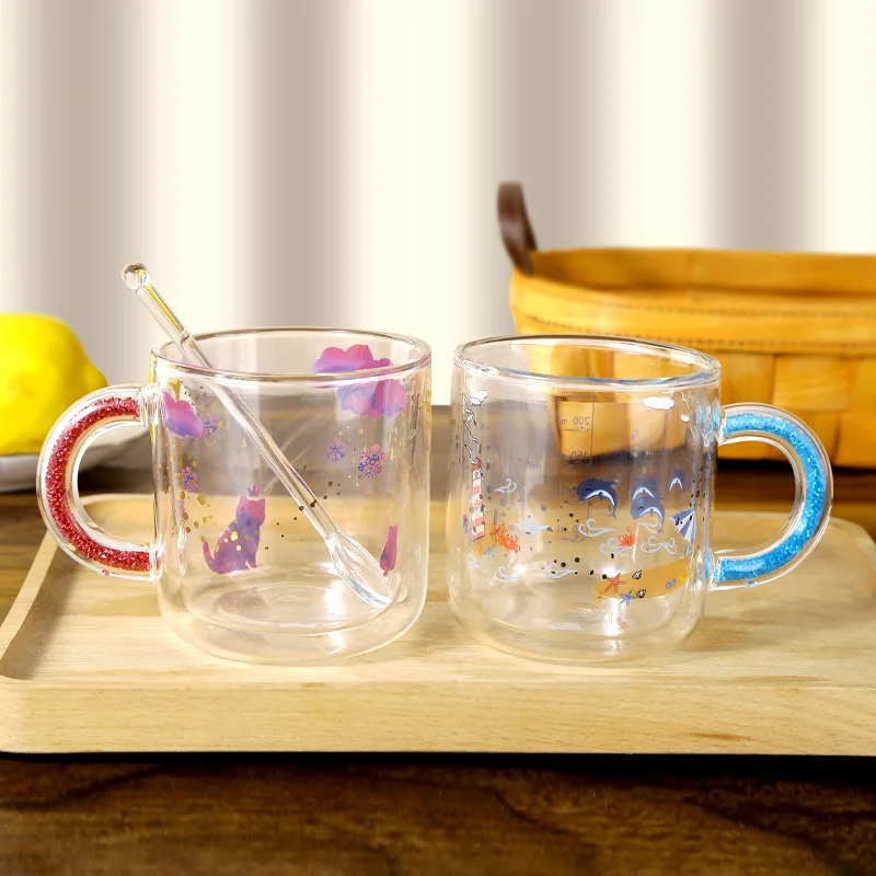 

Двухслойная стеклянная кружка, креативная ручка, цветная чашка для воды со стразами, милая мультяшная чашка для кофе