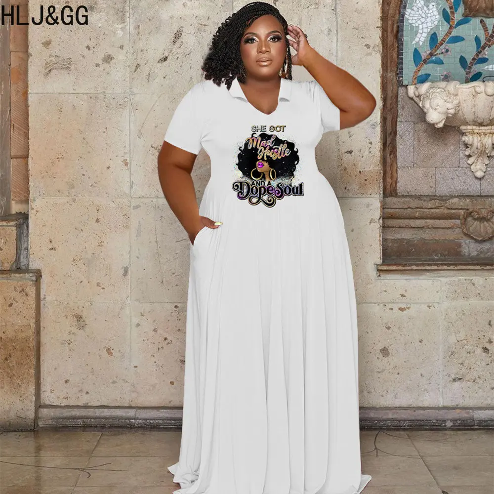 HLJ&GG Casual Plus Size Pattern Printing Floor Dresses Women Turndown Collar Short Sleeve A-line Robe Vestidos Female Dress 5XL