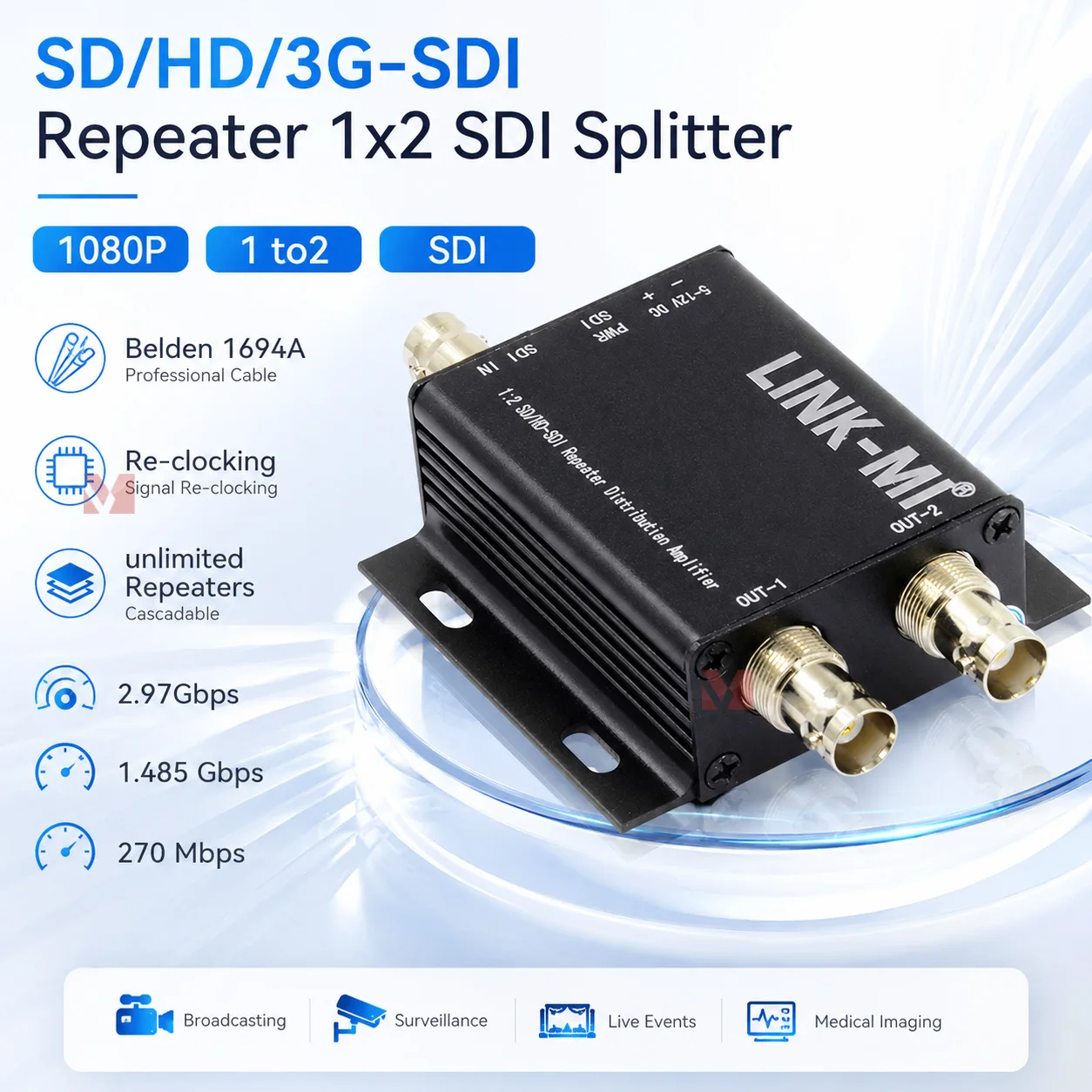 Фото Репитеры SD/HD-SDI/3G-SDI, усилители SDI, 1 вход, 2 выхода, 1694A, с функцией ре-клокинга, для систем безопасности и видеонаблюдения №1