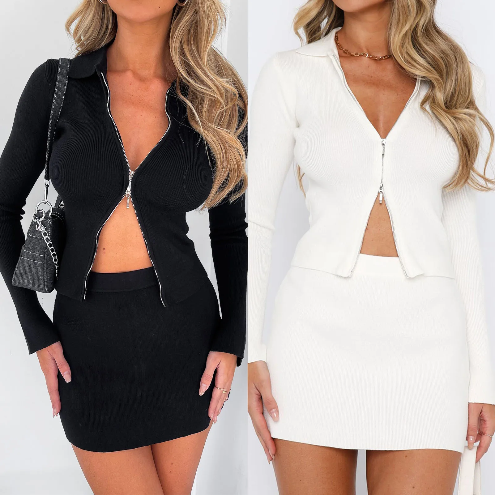 

Women Long Sleeve Top&Mini Skirt Suit Solid Color Ladies Knitted Lapel Top Skirt Set Slim Fit Tops&Skirts Sets 2022 Elegant Suit