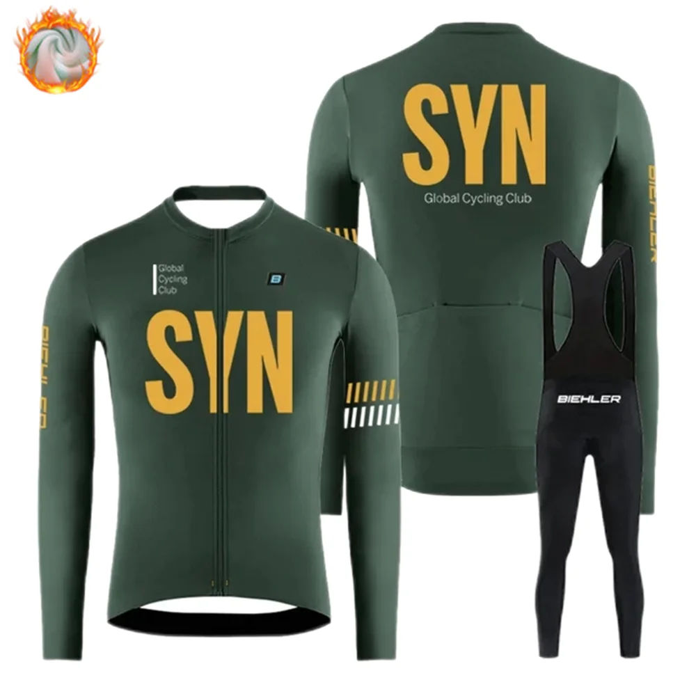 

2024 BIEHLER winter long-sleeved outdoor fleece thermal SYN shirt Cycling clothing bib suit mountain road riding 20D cushion