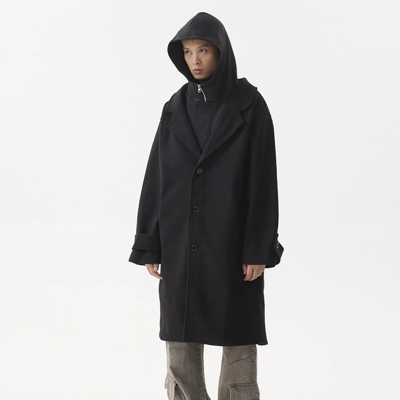 PFNW Нишевое модное черное искусственное твидовое пальто средней длины с