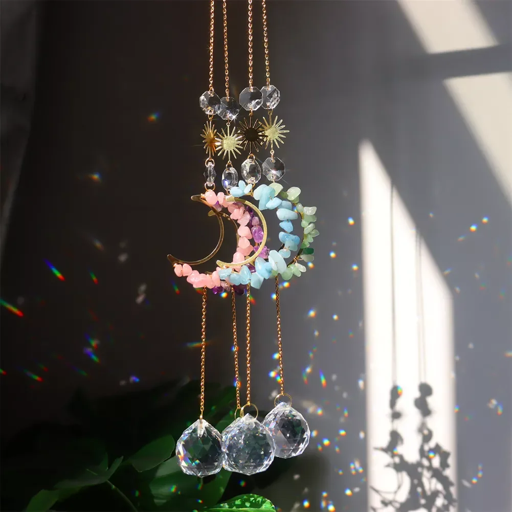 

Crystal Wind Chime Star Moon Sun Pendant Dream Sun catchers Rainbow Colorful Beads Hanging Drop for Outdoor Garden Windchimes