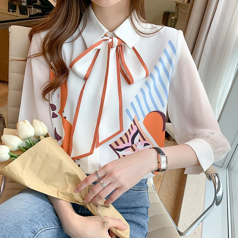 

White Chiffon Women's Shirt with Silk Scarf 2022 Spring Summer New Long Sleeve High-Grade Top Three-Quarter Sleeve Shirt Mujer