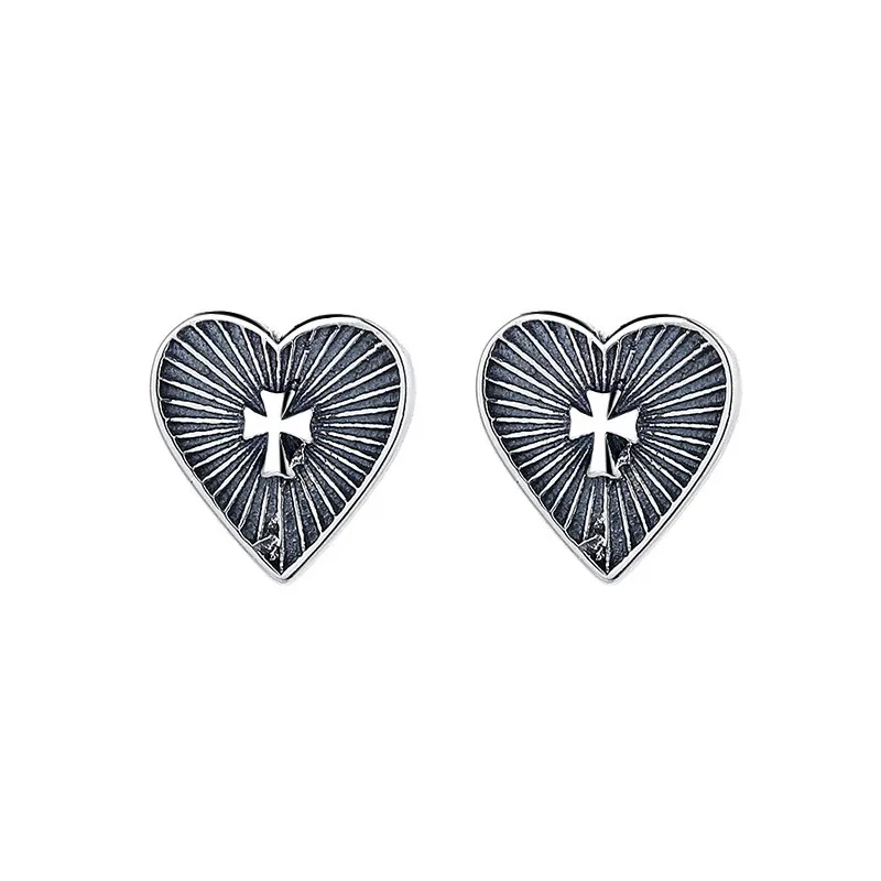 

091FR ZFSILVER S925 Silver Korean Fashion Trendy Design Simple Retro Totems Cross Heart Earring Charms Jewelry Party Girls Women