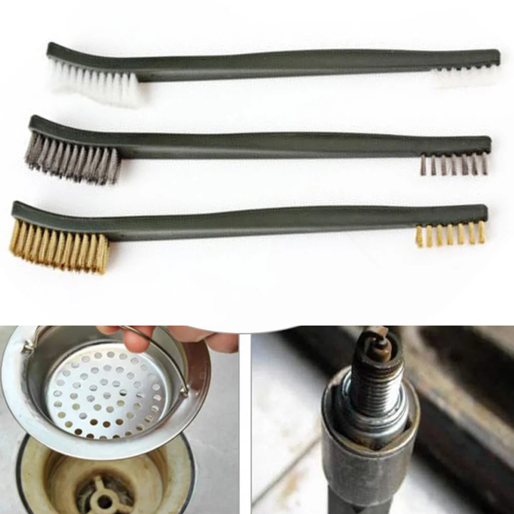 

3pcs Mini Wire Brush Set Steel Brass Nylon Cleaning Polishing Detail Metal Rust Brush Auto Home Pipe Cleaning Tool