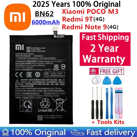 2025 100% оригинальный аккумулятор Xiao Mi 6000 мАч BN62 для Xiaomi Pocophone Poco M3 для Note 9 Redmi 9T, аккумуляторы Bateria, быстрая доставка