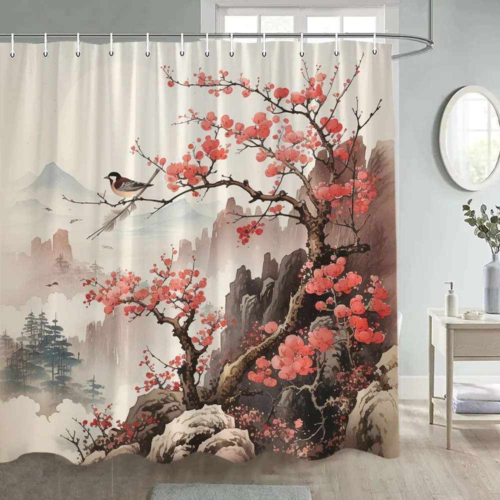 

Занавеска для душа в японском стиле с цветами и птицами, абстрактная горная занавеска с красными цветами и растениями, художественный Ландшафтный тканевый Декор, шторы для ванной комнаты