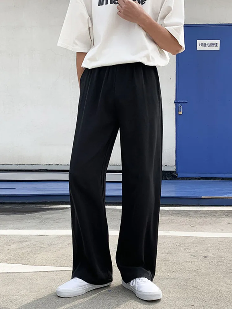 

SYUHGFA Men Clothing 2022 Spring Summer New Ice Silk Wide Leg Straight Pants Elastic Waist Causal Loose Trousers For Male